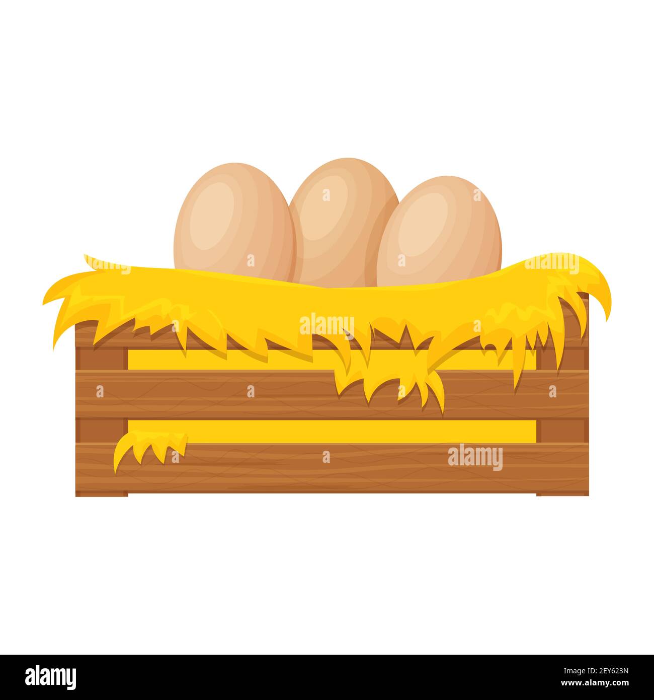 Holzkiste, Heuballen, Heuhaufen mit Eiern im Cartoon-Stil isoliert auf weißem Hintergrund. Han Nest, Ackerbau Clipart. Ländlich, strukturiert und detailliert Stock Vektor