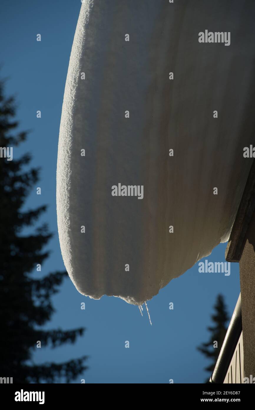 Schneelastenschichten, die vom Haus- oder Ski-Chalet-Dach hängen überhängender Schnee, der von schmelzenden Frost-Tautemperaturen abdriftet gefährliche Winterdachwartung Stockfoto