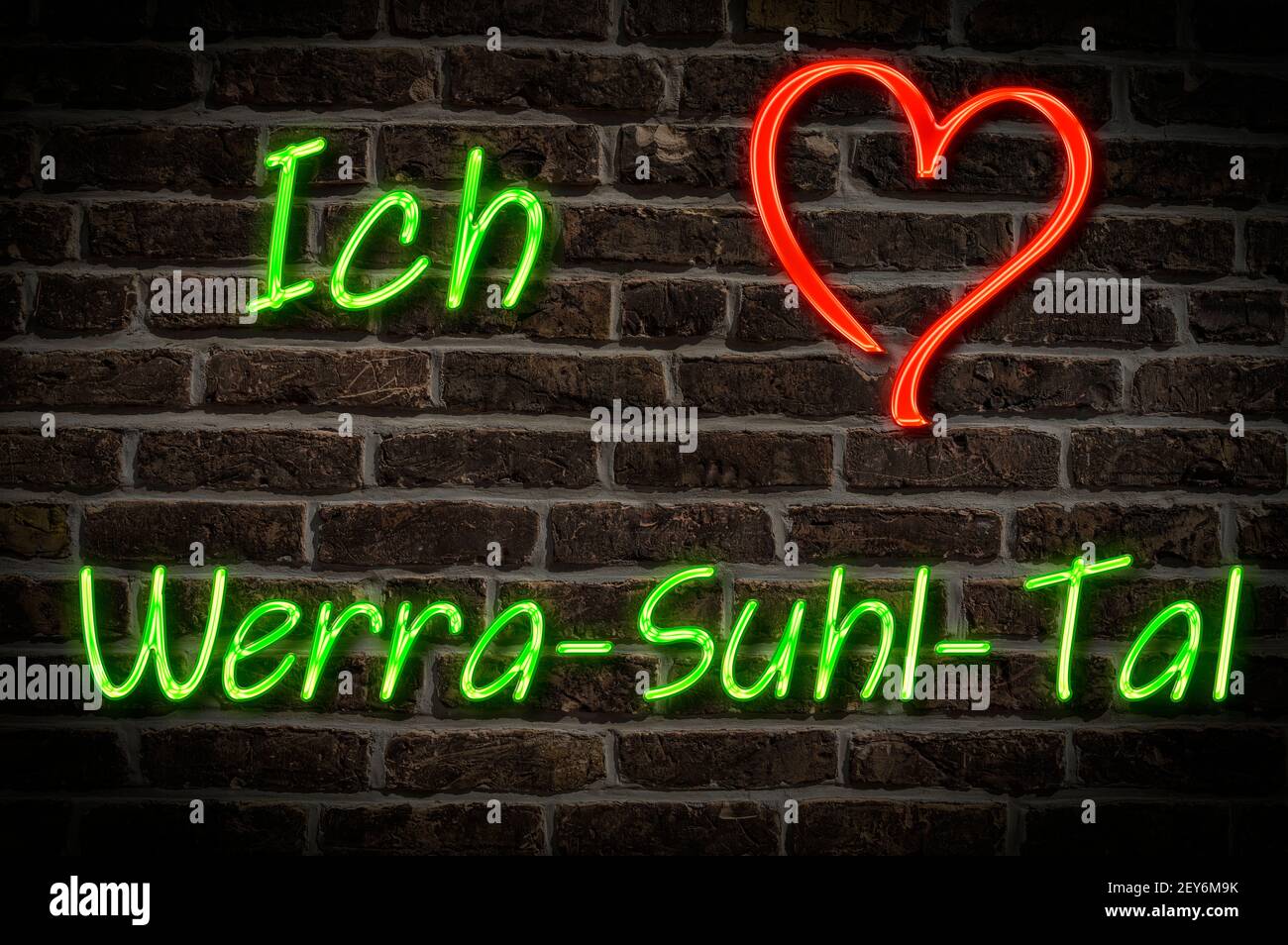 Leuchttreklame, Ich liebe Werra-Suhl-Tal, Thüringen, Deutschland, Europa Ich liebe Werra-Suhl-Tal, Thüringen, Deutschland, Europa Stockfoto