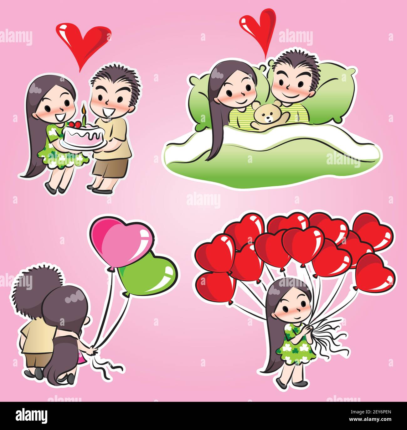 vektor Cartoon Mädchen und Jungen in Valentinstag Grußkarte Emoji Sticker Set Stock Vektor