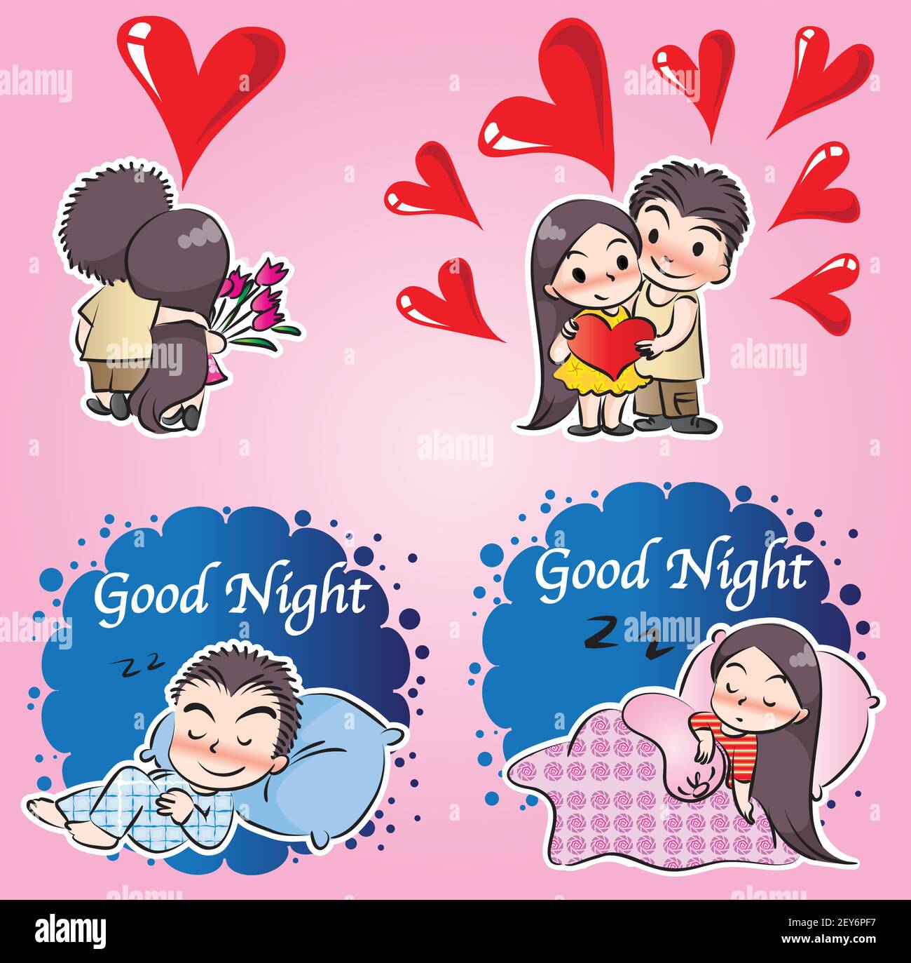 vektor Cartoon Mädchen und Jungen in Valentinstag Grußkarte Emoji Sticker Set Stock Vektor