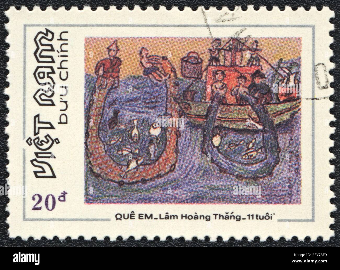 Briefmarke. Fischer im Meer, aus der Serie von einem Kind gemaltes Bild, Vietnam, um 1984 Stockfoto