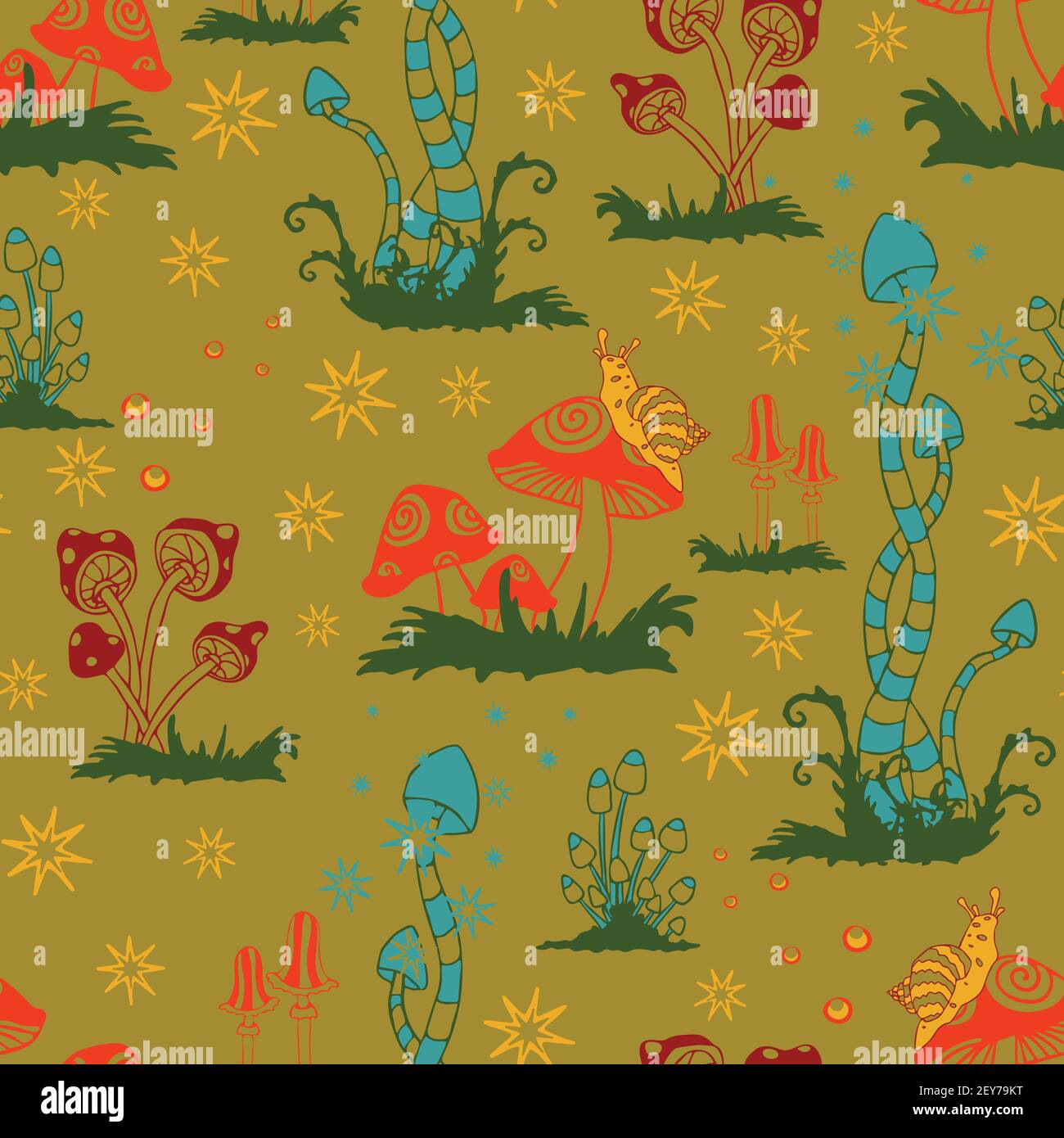 Nahtloses Vektor-Muster mit Pilzen auf grün gelbem Hintergrund. Fantasy Wald Tapete Design. Magische Landschaft Mode Textil. Stock Vektor