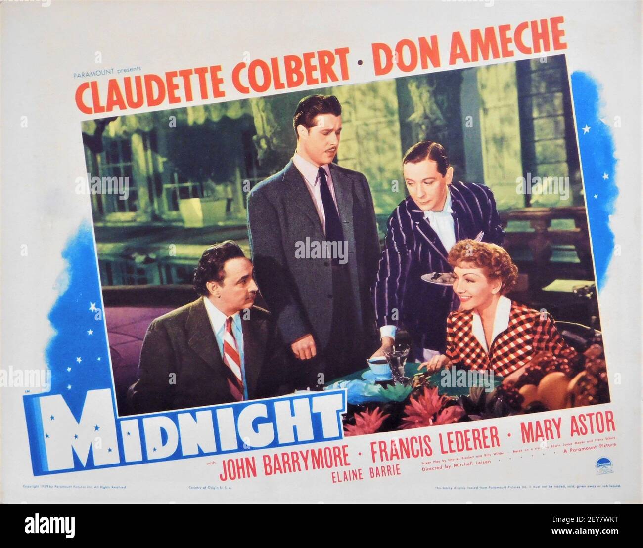 JOHN BARRYMORE DON AMECHE REX O'MALLEY UND CLAUDETTE COLBERT IN MIDNIGHT 1939 Regisseur MITCHELL LEISEN Drehbuch Charles Brackett Billy Wilder Miss Colberts Kleider von Irene Paramount Pictures Stockfoto