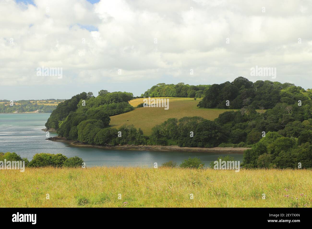 Blick über den Fluss Fal von den Trelissick Wiesen Gärten Stockfoto