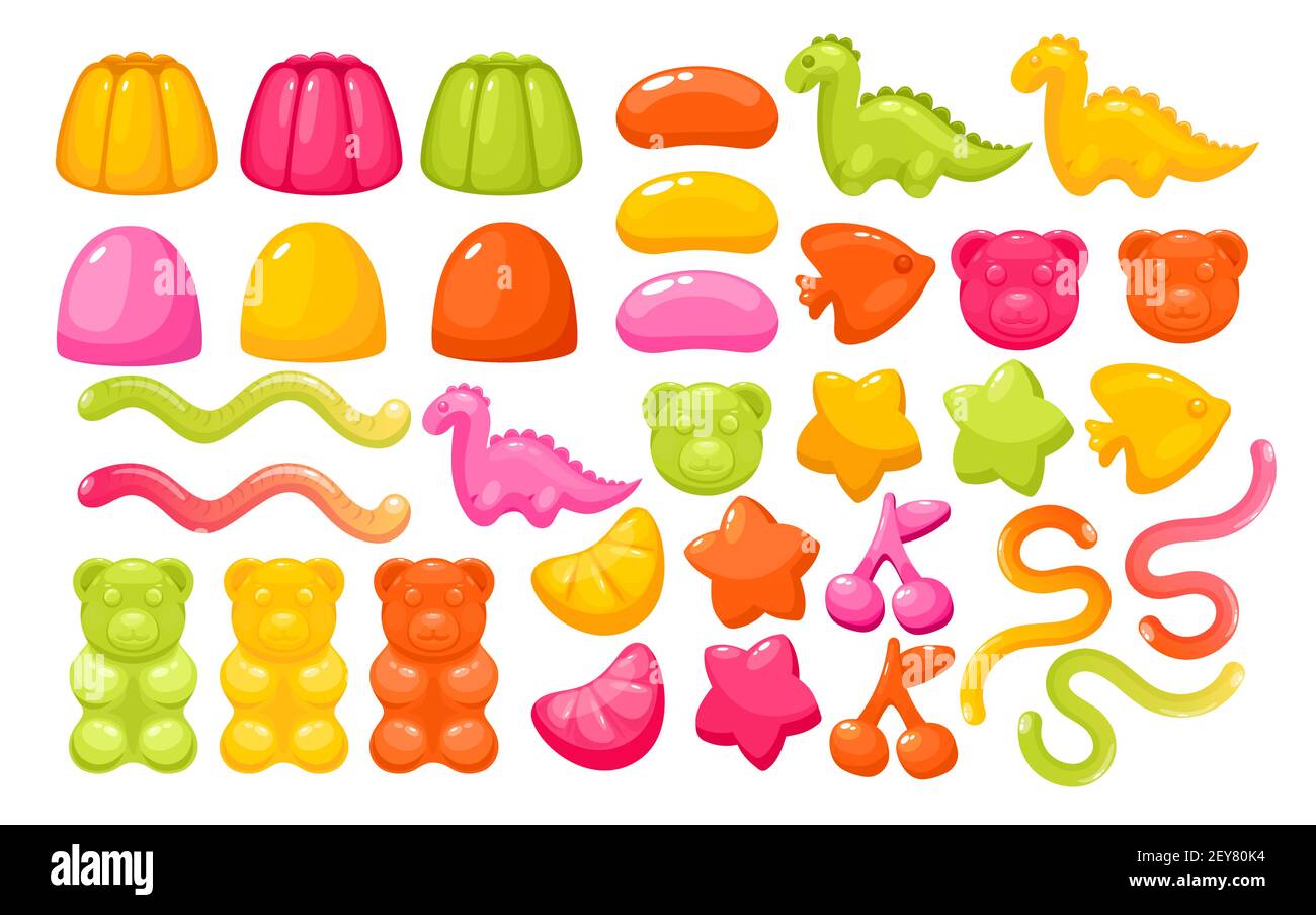 Gelee Gummi Süßigkeiten Süßigkeiten Set, realistisch kreativ lustig kauen Süßigkeiten für Kinder Sammlung Stock Vektor