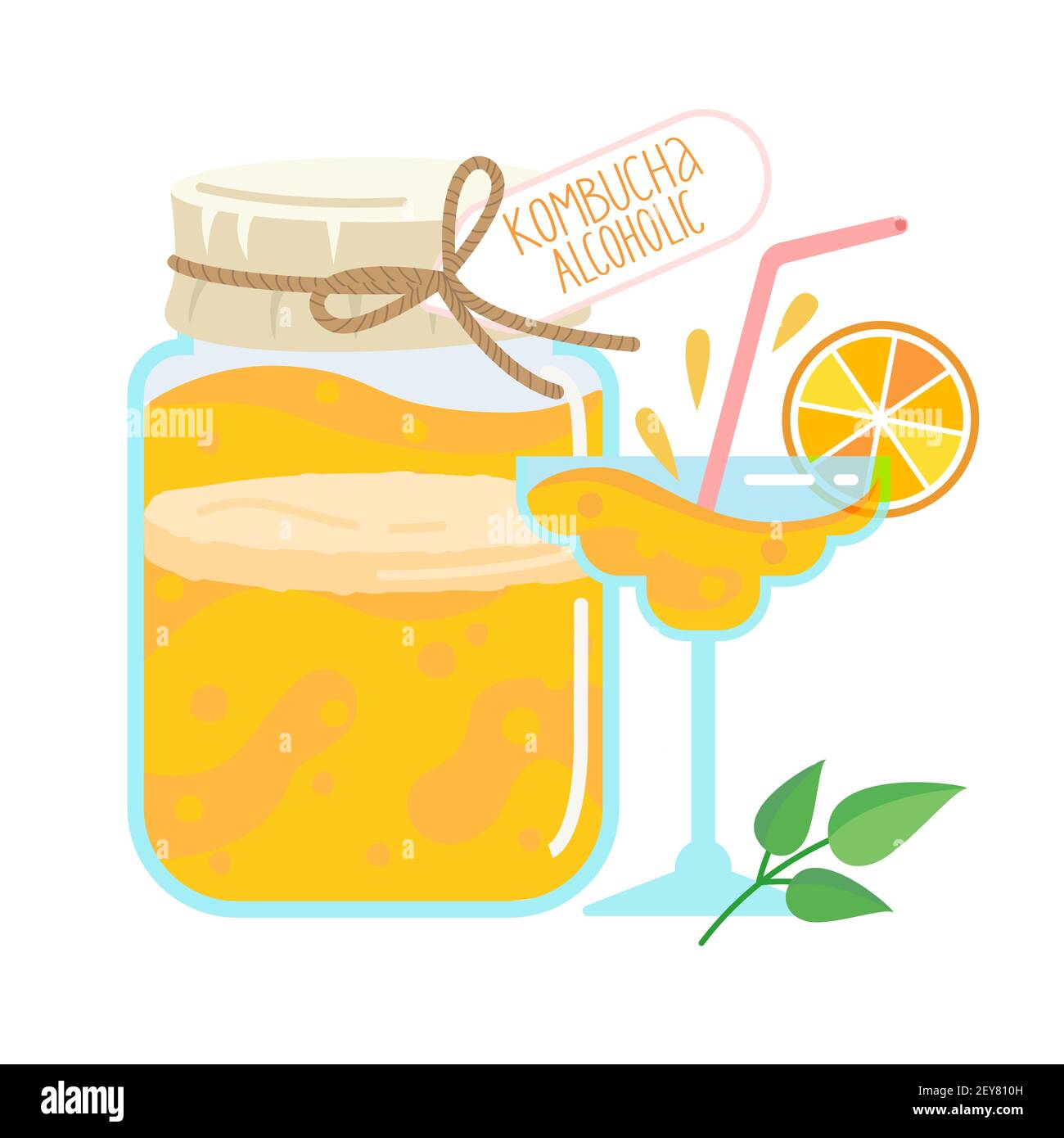 Alkoholische Kombucha und Cocktail mit einer Zitrusscheibe im Glas serviert. Kombucha Tee im Glas. Hausgemachter fermentierter Drink. Vektorgrafik in flacher Form Stock Vektor