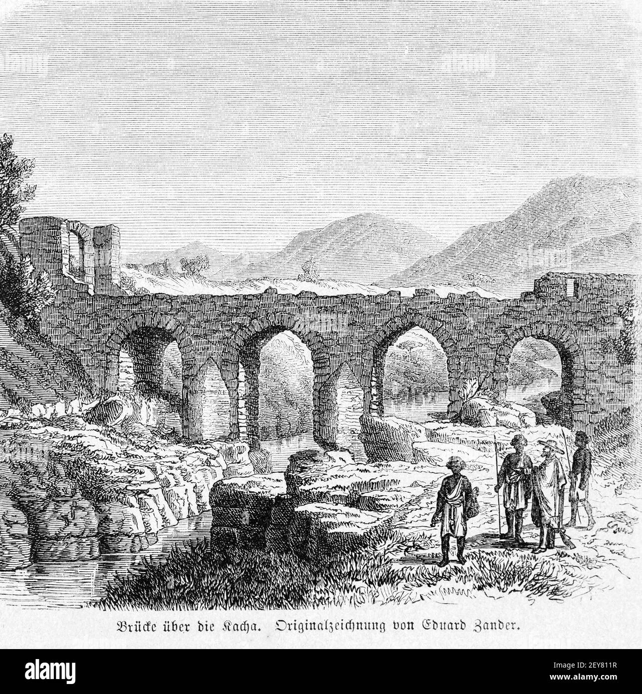 Steinbrücke über einen Fluss bei Gonder, Dr. Richard Andree, Abessina, Äthiopien, Ostafrika, Abessinien, Land und Volk, Leipzig 1869 Stockfoto
