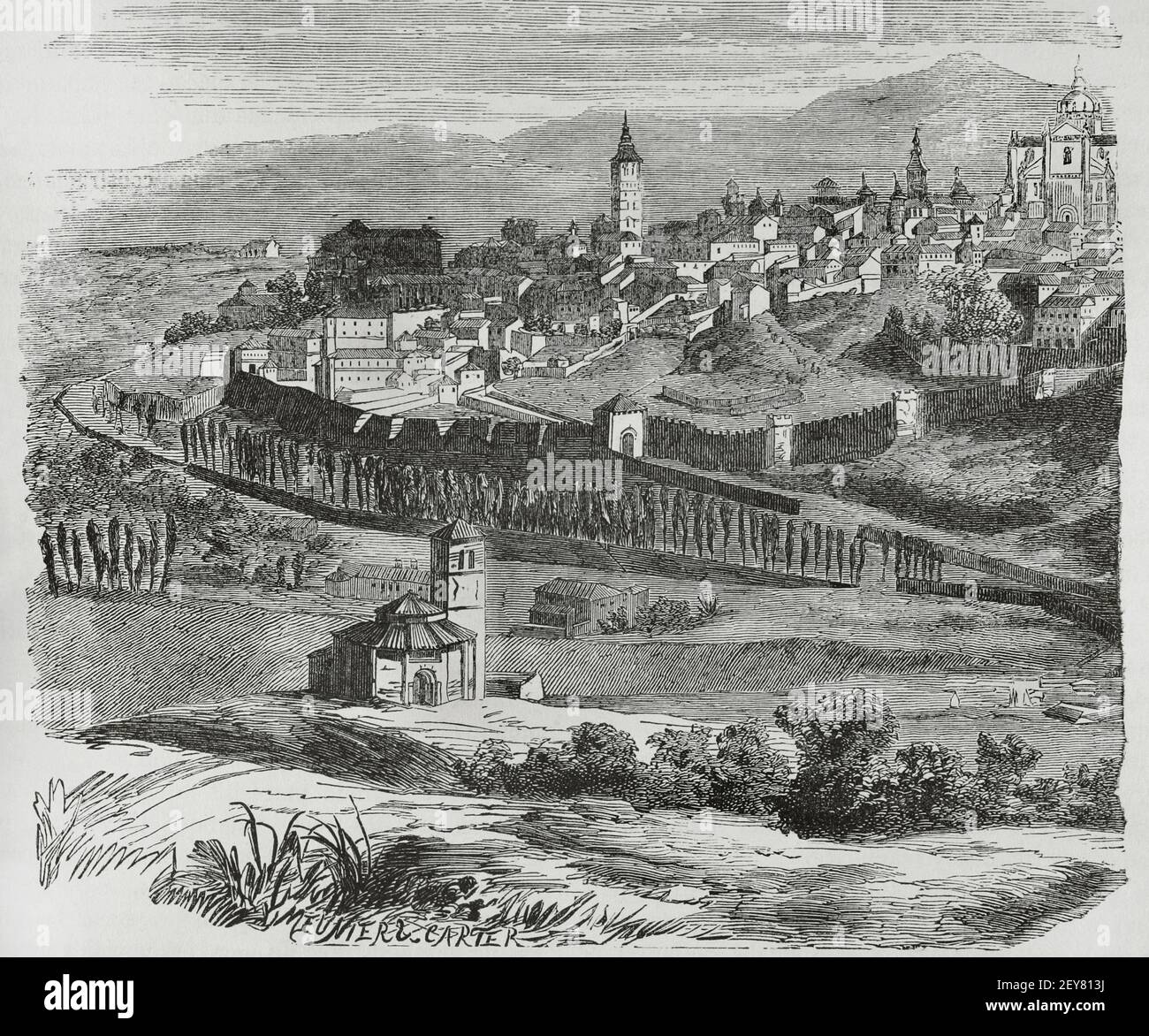 Spanien, Segovia. Panorama der Stadt von der Fuencisla. Gravur von Meunier & Carter. Cronica General de España, Historia Ilustrada y Descriptiva de sus Provincias. Castilla-La Vieja, 1870. Stockfoto
