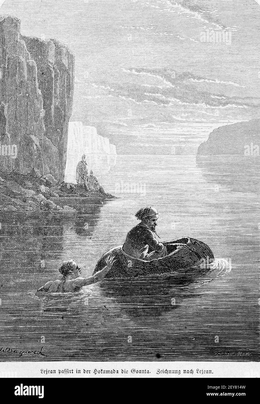 Explorer Lejean über den Goanta Fluss in Hokumada, Dr. Richard Andree, Abessina, Äthiopien, Ostafrika, Abessinien, Land und Volk, Leipzig, 1869 Stockfoto