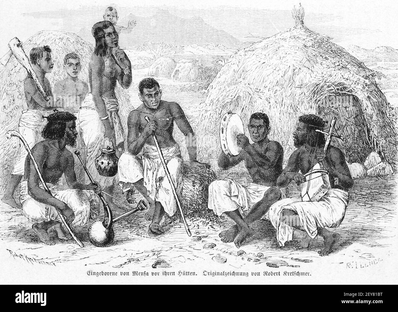 Ureinwohner aus Mensa vor ihren Hütten, Dr. Richard Andree, Abessina, Äthiopien, Ostafrika, Abessinien, Land und Volk, Leipzig 1869 Stockfoto
