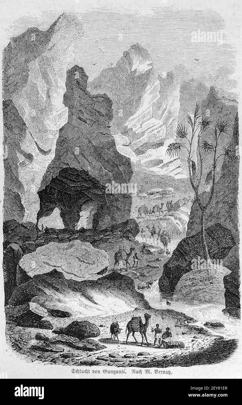 Schlucht und Fluss Gungunté, Dr. Richard Andree, Abessina, Äthiopien, Ostafrika, Abessinien, Land und Volk, Leipzig 1869 Stockfoto