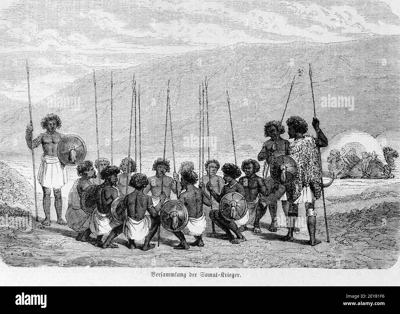 Treffen von somalischen Kriegern, Dr. Richard Andree, Abessina, Äthiopien, Ostafrika, Abessinien, Land und Volk, Leipzig 1869 Stockfoto