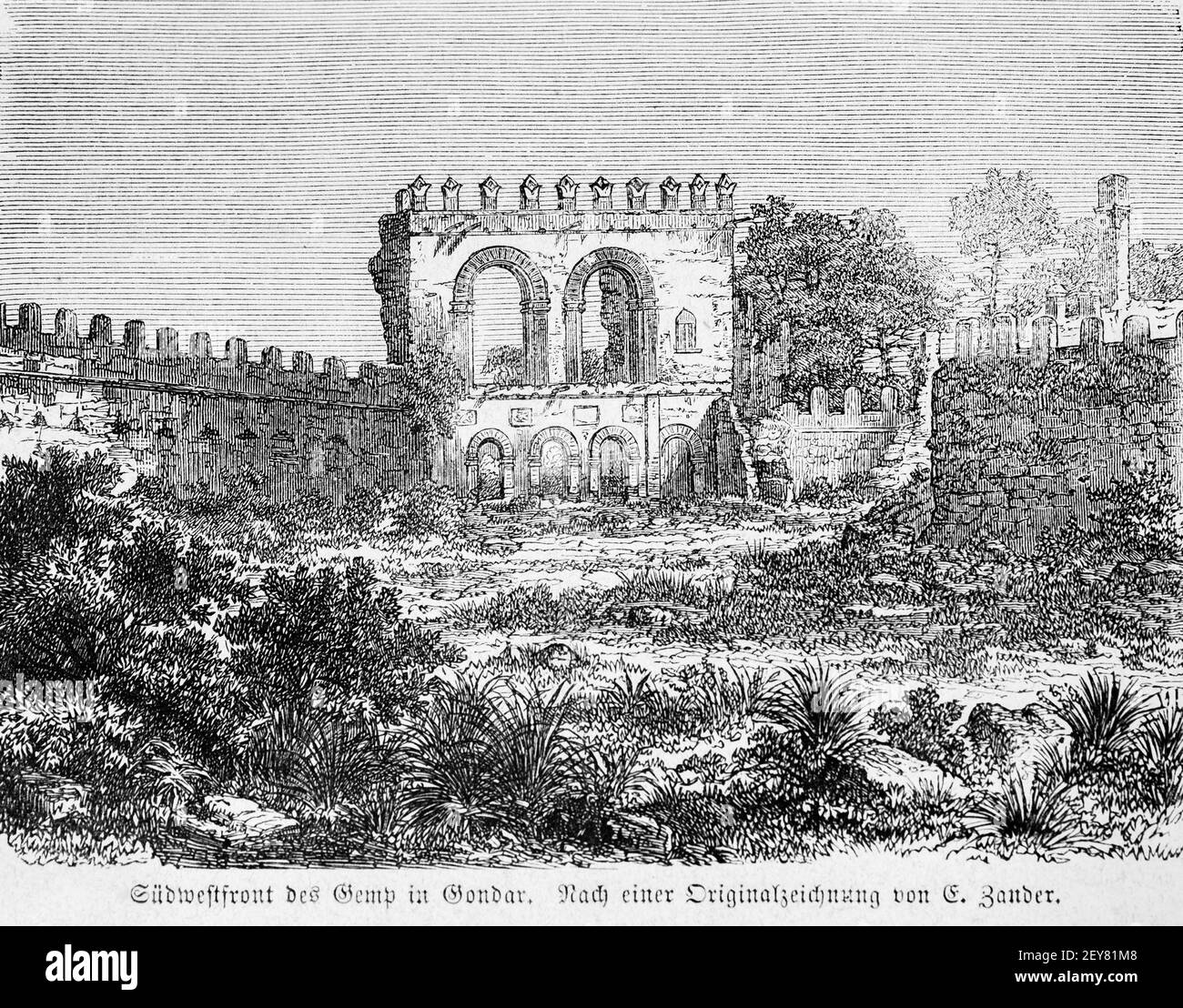 SW Vorderseite des Schlosses Fasilides, die Festung Fasil Ghebbi in Gonder. R. Andree, Abessina, Äthiopien, Ostafrika, Abessinien, Land und Volk, Leipzig 1869 Stockfoto