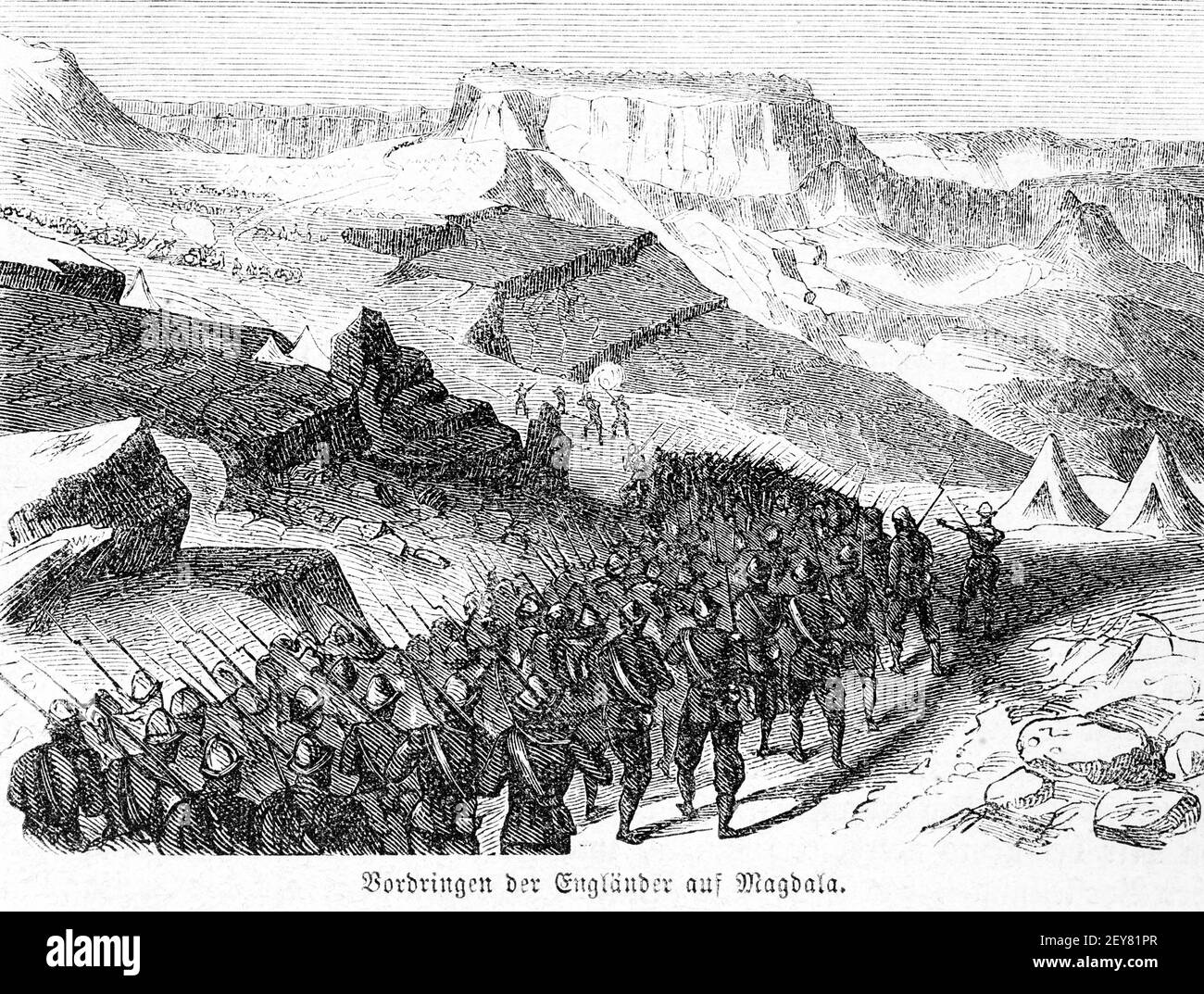 Englische Truppen marschieren auf Magdala oder Amba Mariam, Dr. Richard Andree, Abessina, Äthiopien, Ostafrika, Abessinien, Land und Volk, Leipzig 1869 Stockfoto