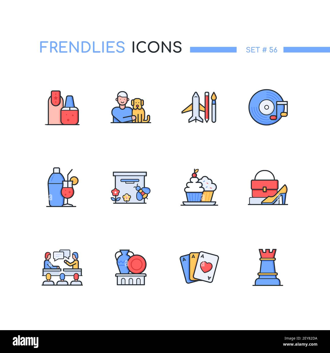 Hobby - Moderne Linie Design Stil Icons Set. Freizeitangebot Idee. Nagelkunst, Haustiere, Debatte, Schallplattensammlung, Antiquitäten, Süßwaren, Imkerei, Stock Vektor