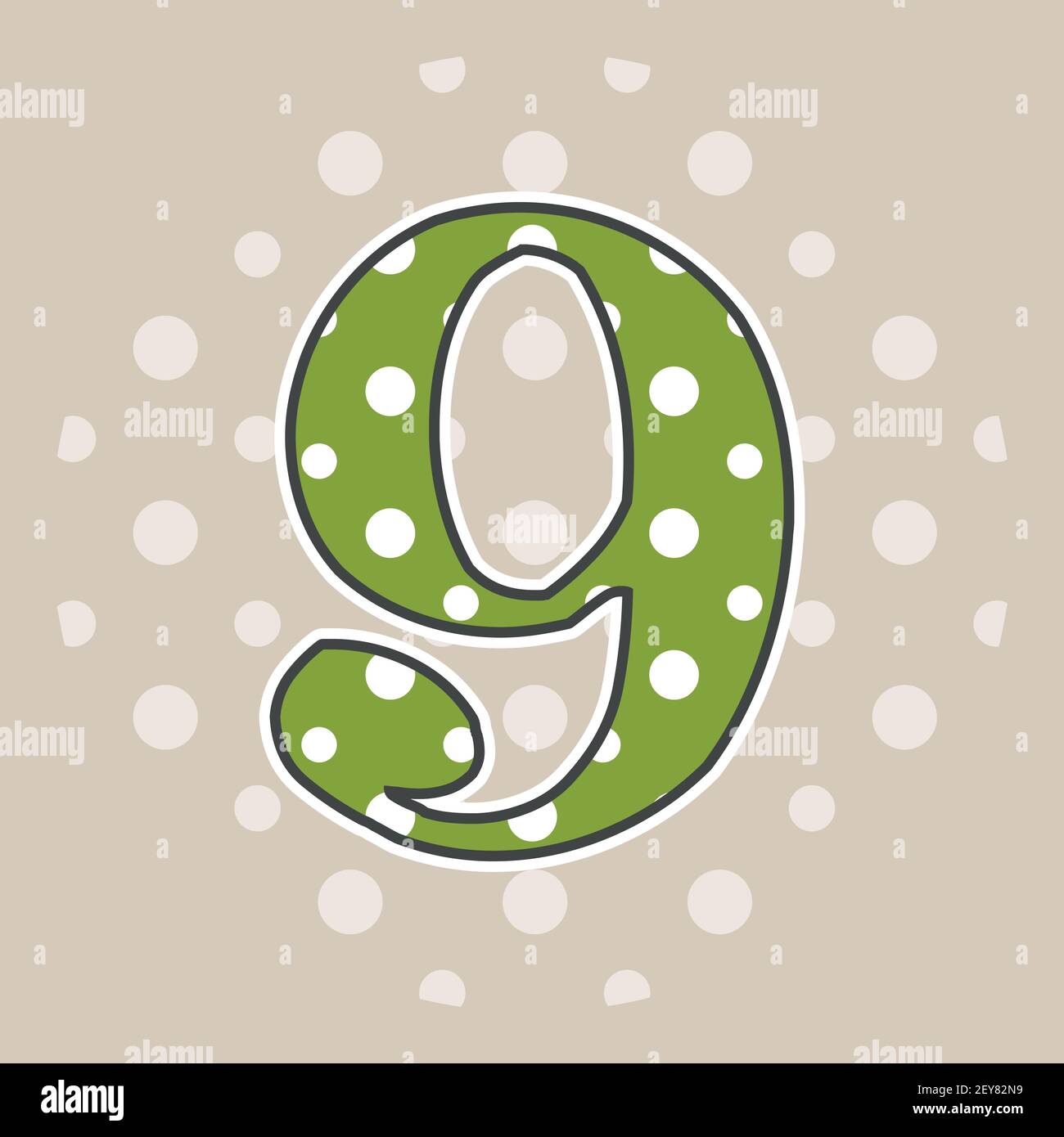 Niedliche gepunktete Zahl neun isoliert auf beigem Hintergrund. Vektorgrafik. Element für Design. Kinderalphabet. Stock Vektor