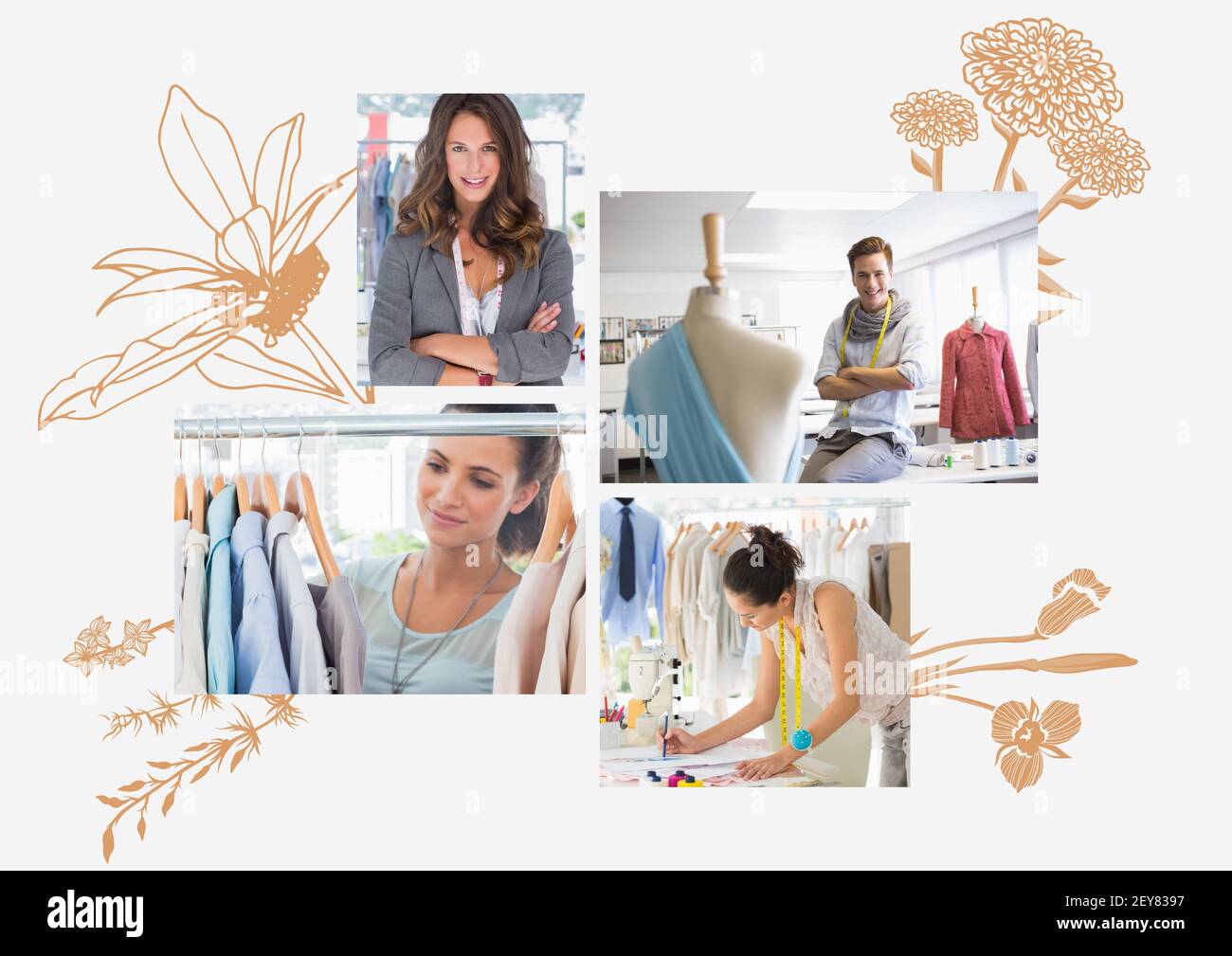 Komposition von vier Fotos von Modedesignern mit beigefarbener Pflanze Zeichnungen auf weißem Hintergrund Stockfoto