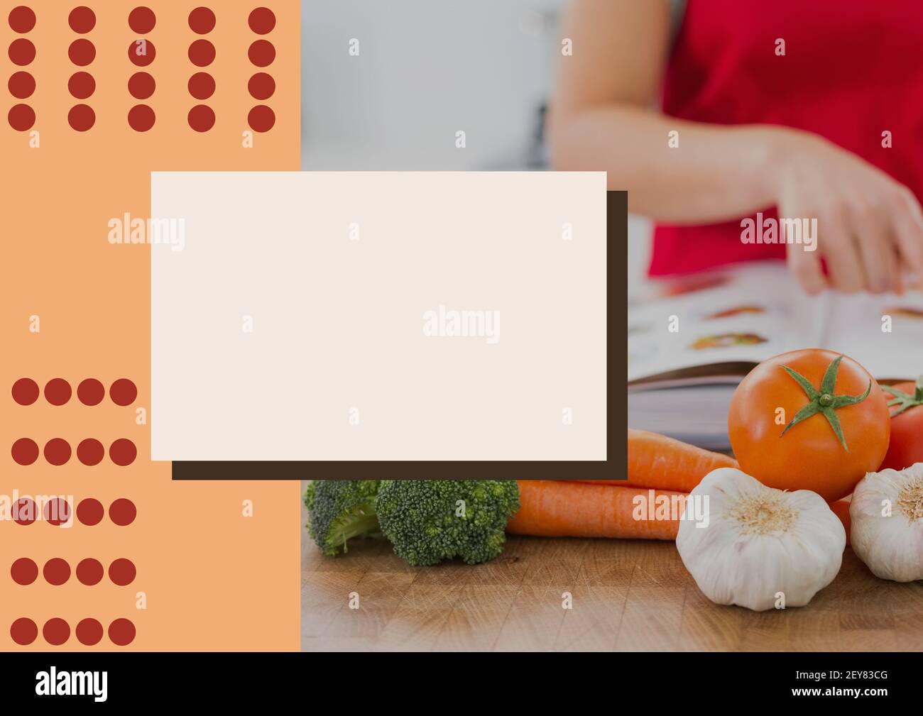 Illustration mit Gemüse, Frau liest Kochbuch, leeres Rechteck und orange Streifen Stockfoto