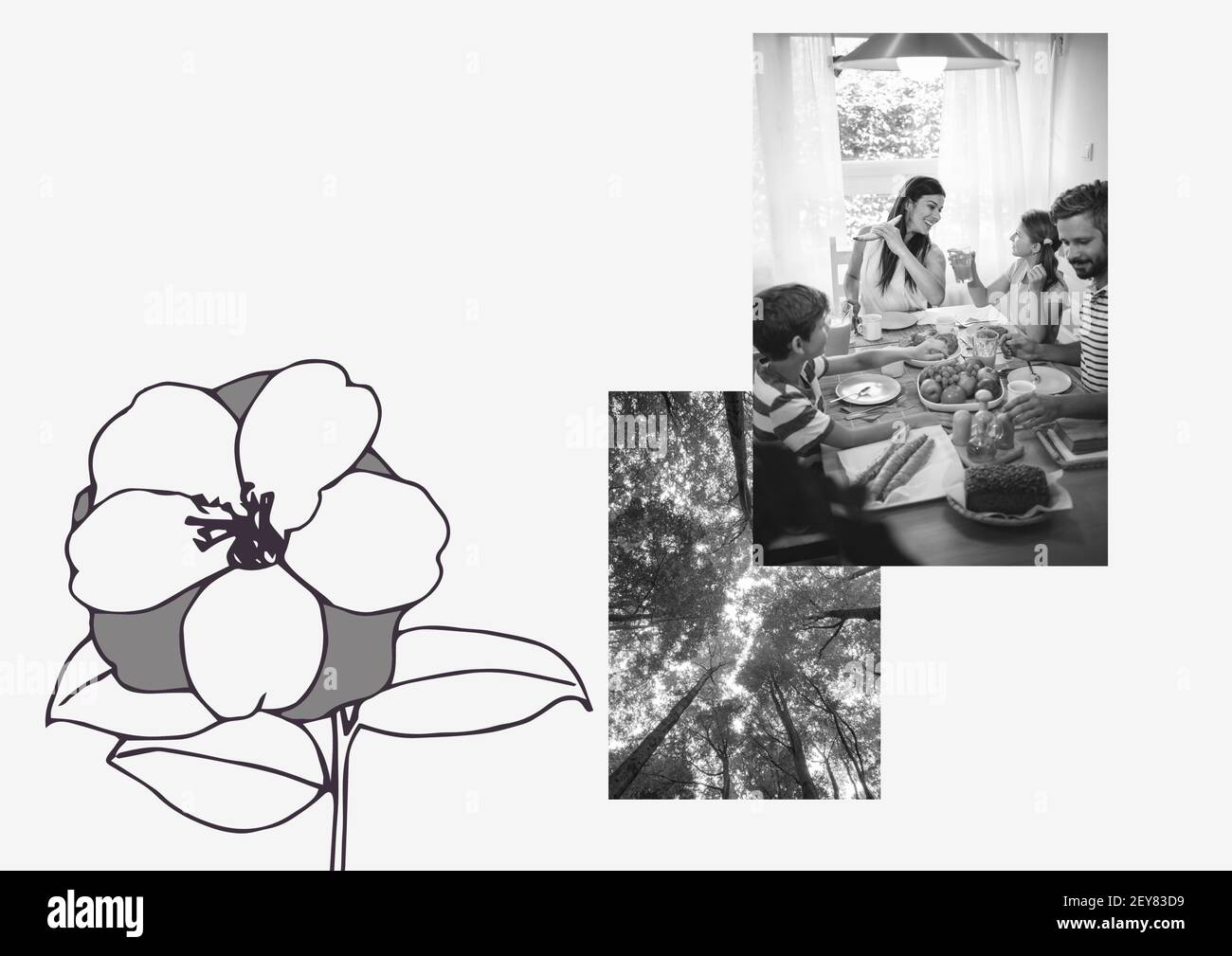 Schwarz-Weiß-Fotos von Familie und Wald mit Blumen Und Platz auf weißem Hintergrund kopieren Stockfoto