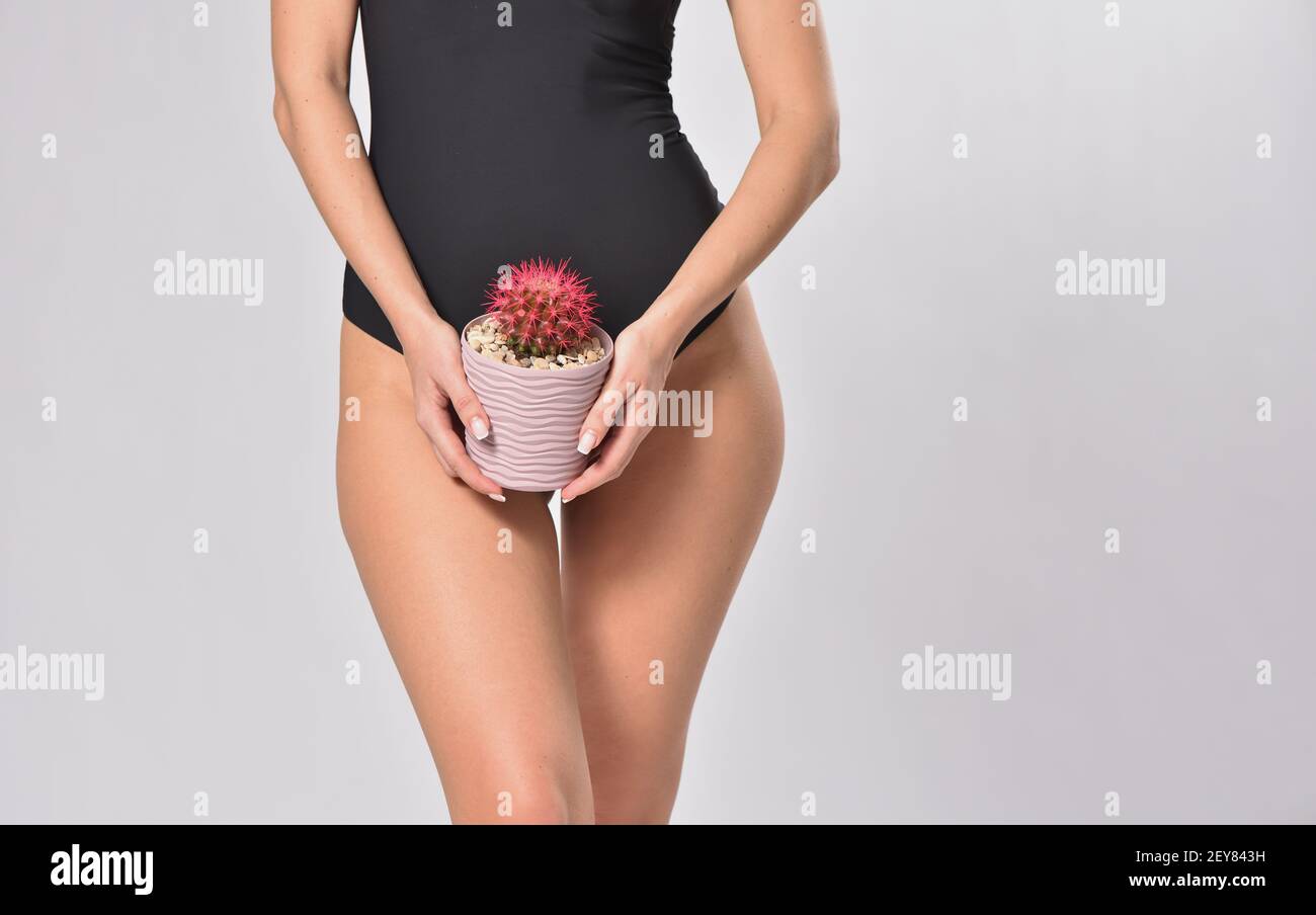 Frau, die einen Kaktus in einer Bikinizone hält. Intime Hygiene und Weiblichkeit Konzept Stockfoto