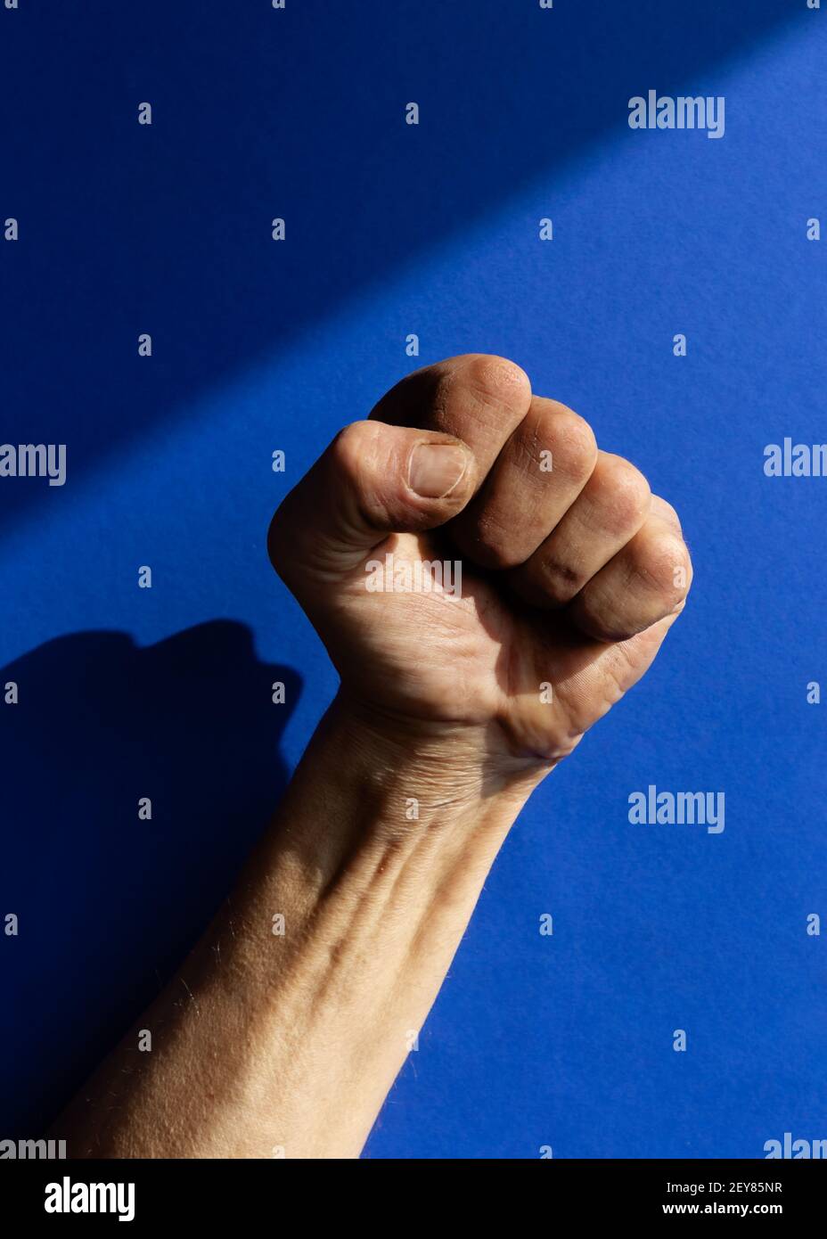 Swarthy raue mans Hand mit geballter Faust auf blauem Hintergrund. Cesar Chavez Day Konzept. Vertikale Aufnahme. Stockfoto