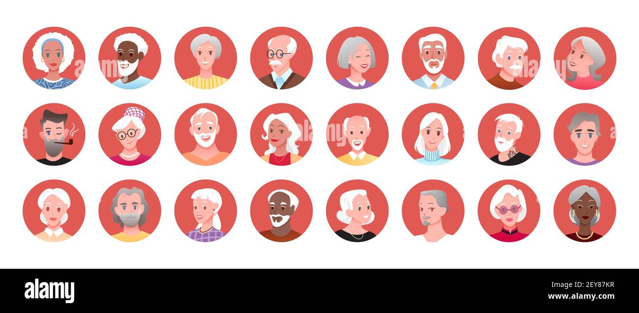 Ältere Menschen rund Portrait Avatar Set, glücklich alten älteren Mann Frau lächelnd Sammlung Stock Vektor