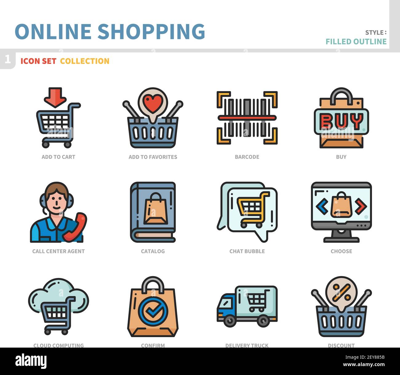 Online-Shopping und E-Commerce-Icon-Set, gefüllt Umriss Stil, Vektor und Illustration Stock Vektor