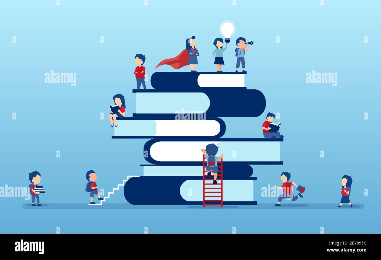 Vektor von Kindern, Studenten klettern auf einer Oberseite eines Stapels von Büchern eifrig zu lernen Stock Vektor