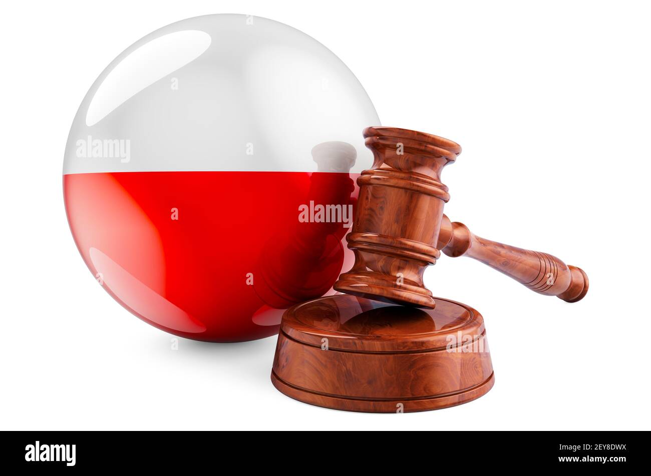 Polnisches Recht und Justizkonzept. Holzfahne mit Flagge Polens. 3D Rendering isoliert auf weißem Hintergrund Stockfoto