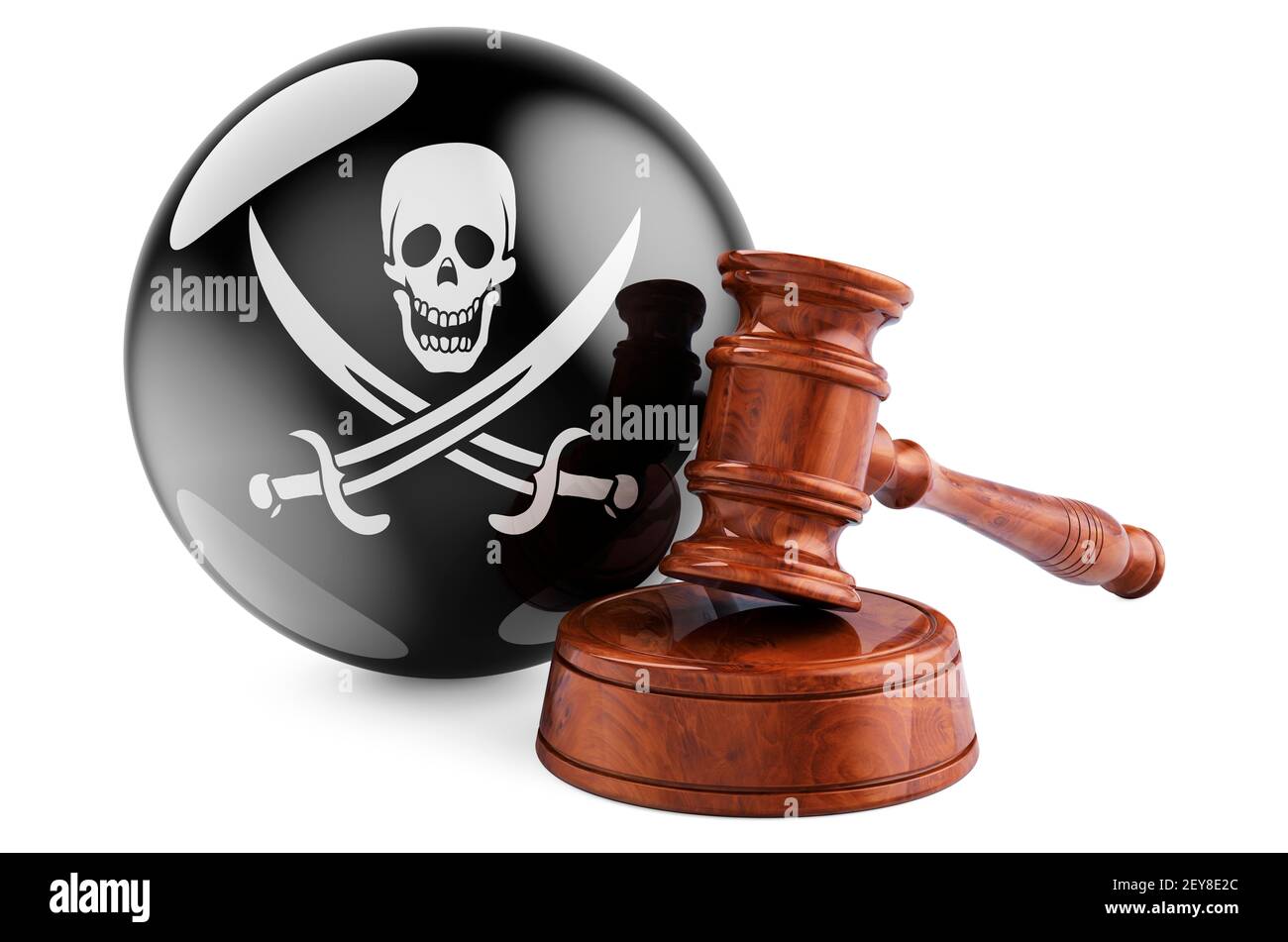 Holzgavel mit Piratenflagge. 3D Rendering isoliert auf weißem Hintergrund Stockfoto