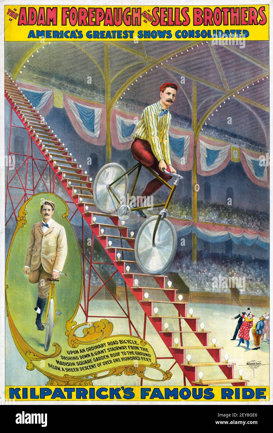 Adam Forepaugh und verkauft Brothers. Konsolidierte Shows. Zirkusposter, antik und im alten Stil. Mann, der mit dem Fahrrad die Treppe hinunter fährt. Stockfoto