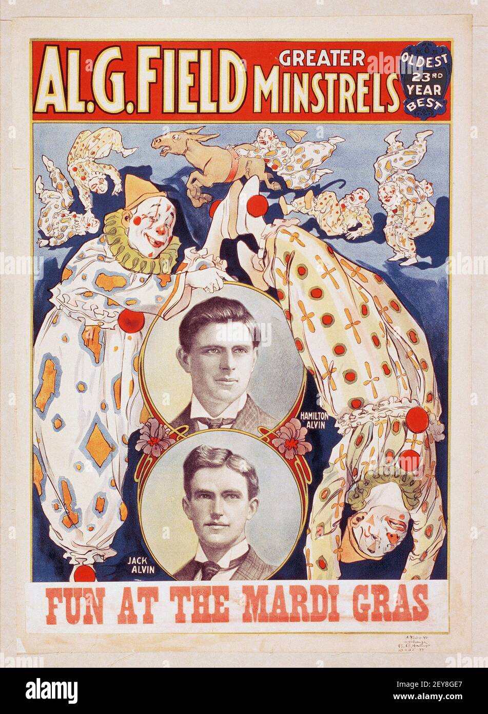Al. G. Field Greater Minstrels. Spaß beim Mardi Gras. Zirkusplakat, antiker und alter Stil. 1908. Stockfoto