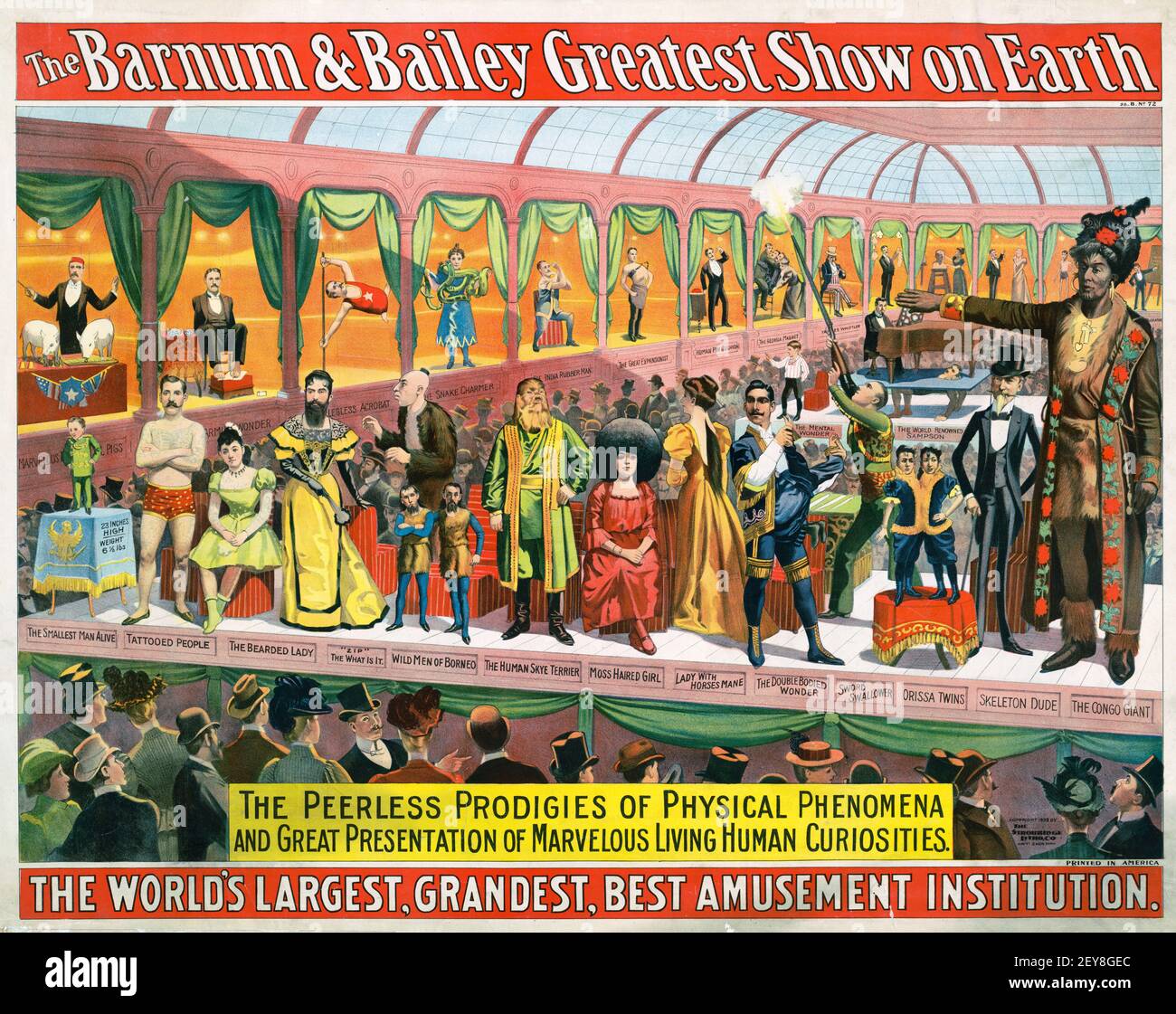 Die Barnum & Bailey Greatest Show auf Erden. Zirkusposter, alter und Vintage-Stil. Antike Werbetafel. Die unvergleichlichen Wunderkinder physischer Phänomene. Stockfoto