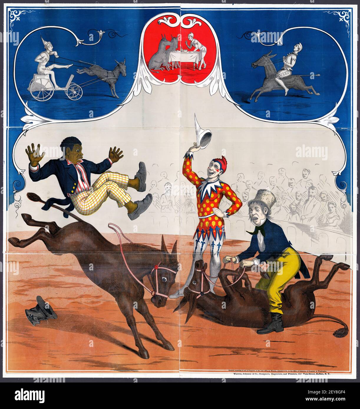 Clowns und Pferde. Zirkusposter / Illustration, Comedy, antik und im alten Stil Stockfoto
