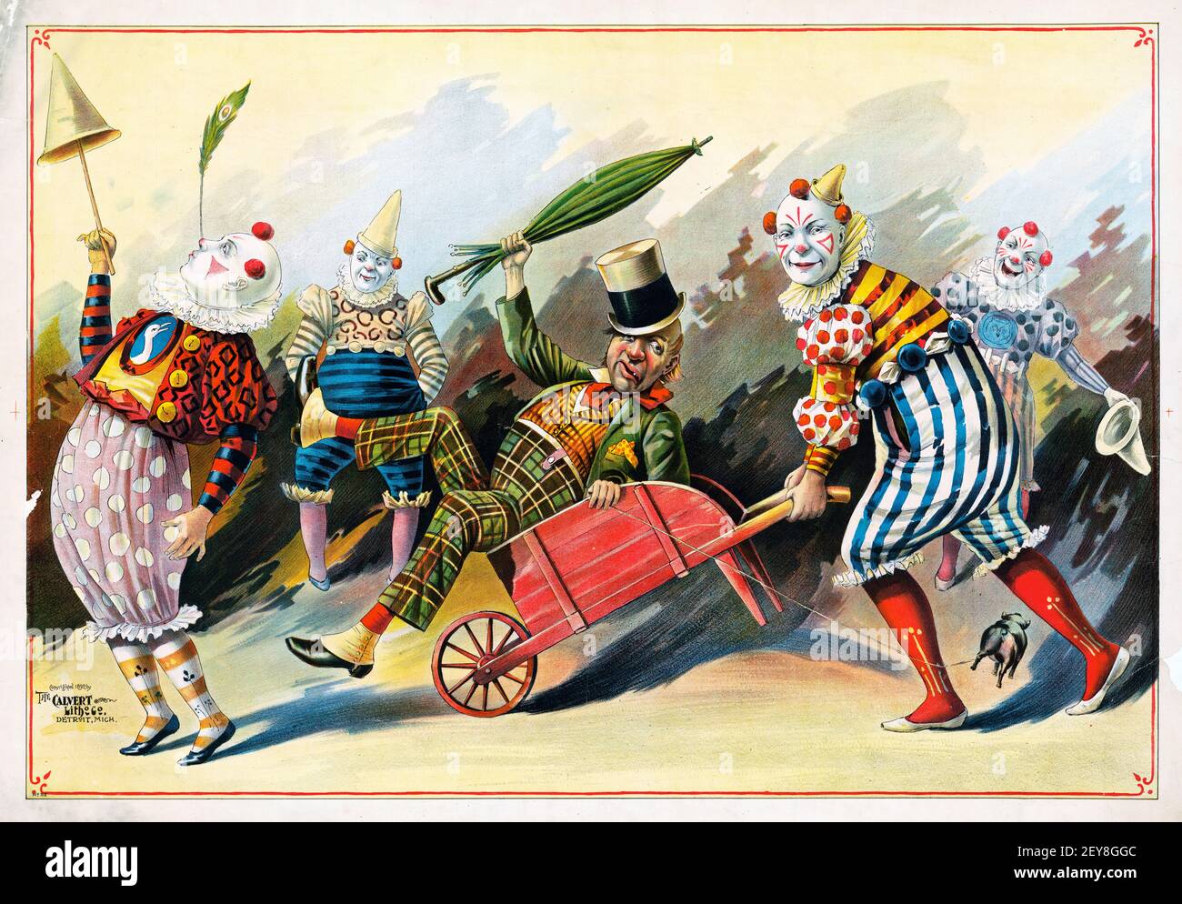 Komödie, Illustration von Clowns im Zirkus mit einer Schubkarre. Alt und vintage. Stockfoto
