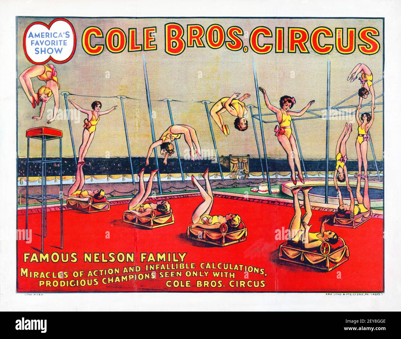 Cole Bros. Circus. Berühmte Familie Nelson. Zirkusposter, antik und im alten Stil Stockfoto