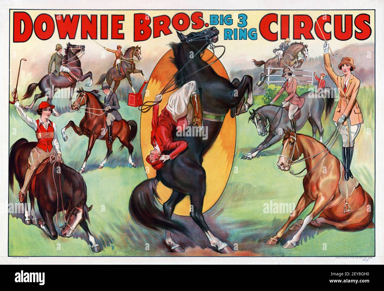 Downie Bros, Big 3 Ring Circus. Klassisches Zirkusposter mit Pferden. Pferdeshow im alten und Vintage-Stil. Stockfoto