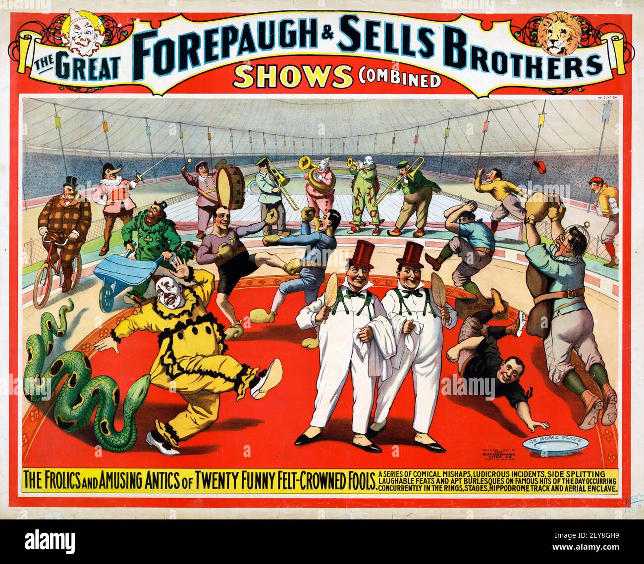 Great Forepaugh & Sells Brothers. Zeigt kombiniert an. Zirkus-Poster 1899, alt und vintage. Feat the Frolics und amüsante Possen von Twenty Funny. Stockfoto