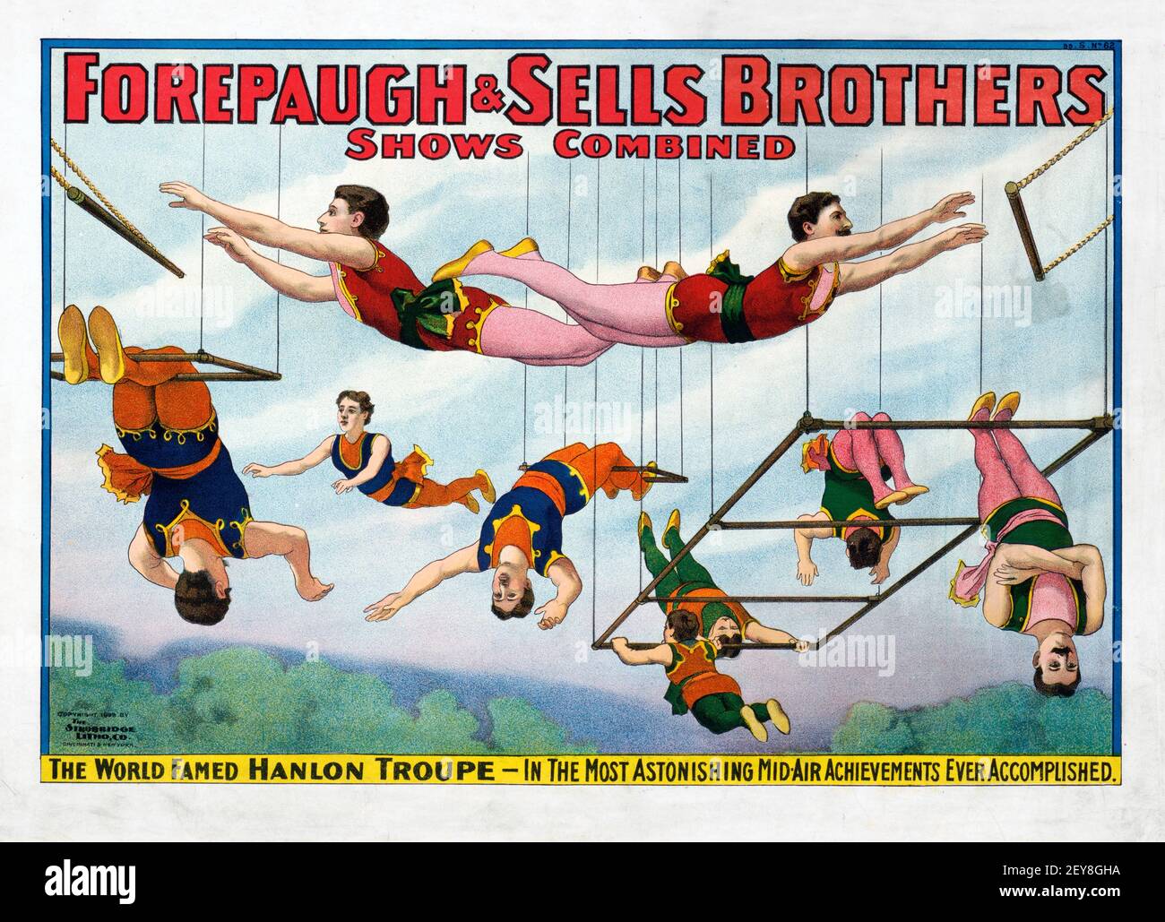 Forepaugh & Sells Brothers, Shows kombiniert. Trapeze. Zirkusposter, antik und im alten Stil. Die Weltberühmte Hanlon Truppe. Stockfoto