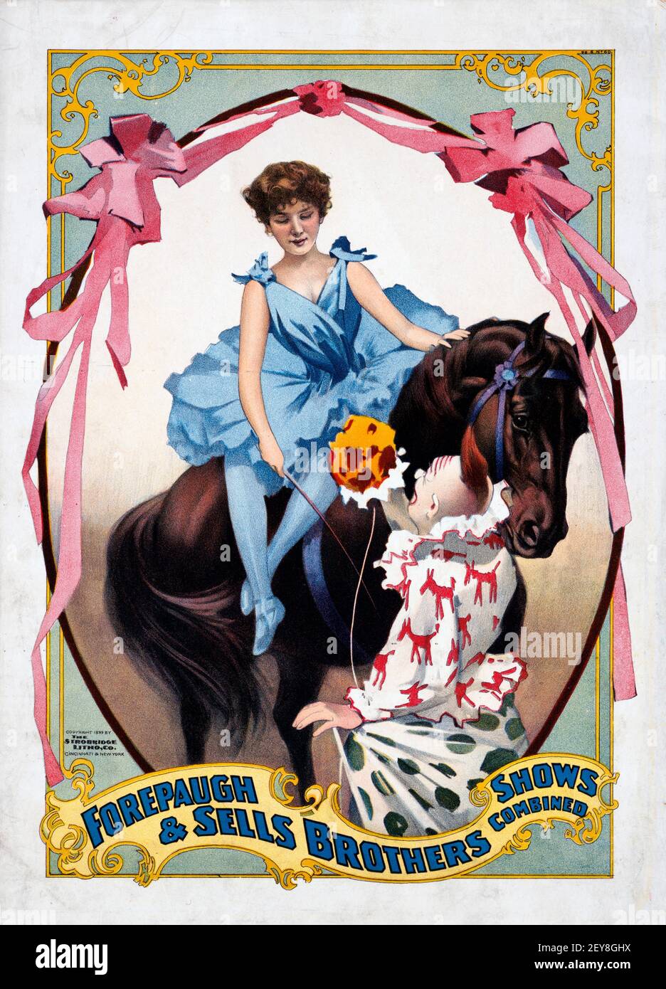 Forepaugh und verkauft Brothers. Zeigt kombiniert an. Mädchen auf einem Pferd und Clown. Zirkusposter, antik und im alten Stil. Farbbänder. Stockfoto