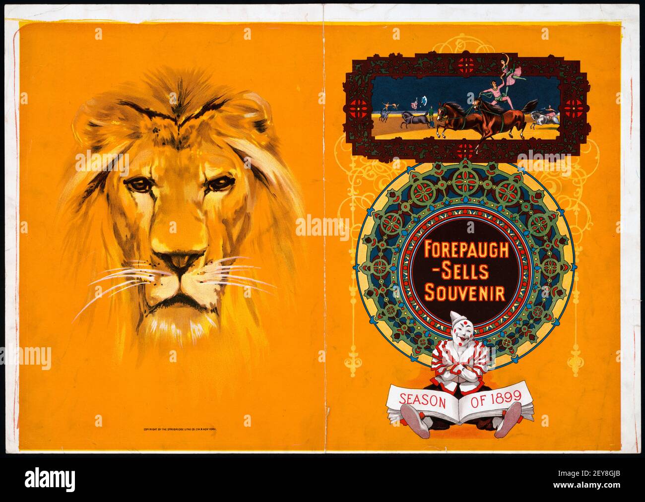 Circus: Forepaugh – verkauft Souvenir, Saison 1899, illustriert mit einem schönen Löwen und einem Clown. Stockfoto