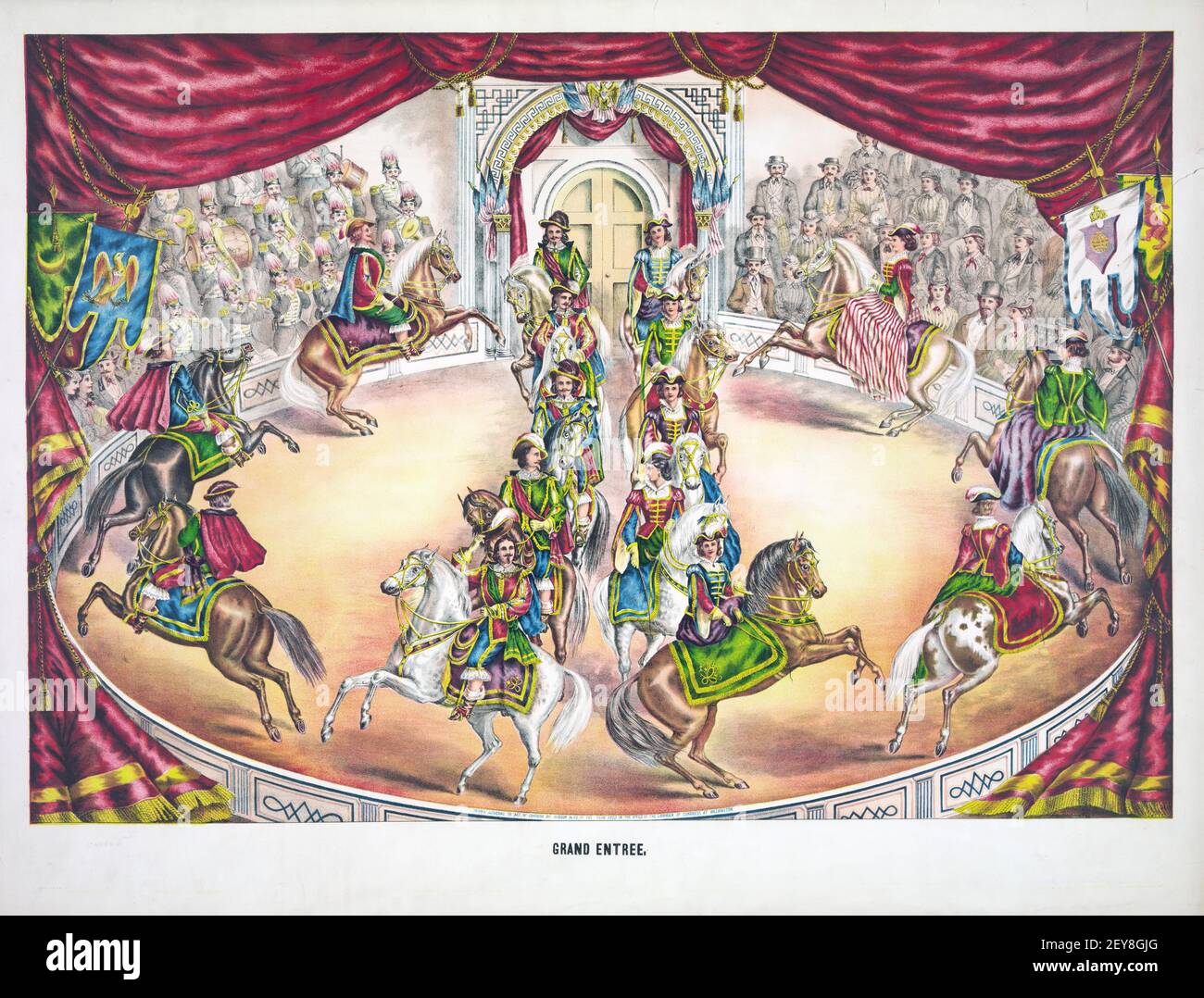 Grand Entree. Klassisches Zirkusposter, im alten und Vintage-Stil. 1873. Lithographie von Gibson & Co. Zirkuskünstler. Stockfoto