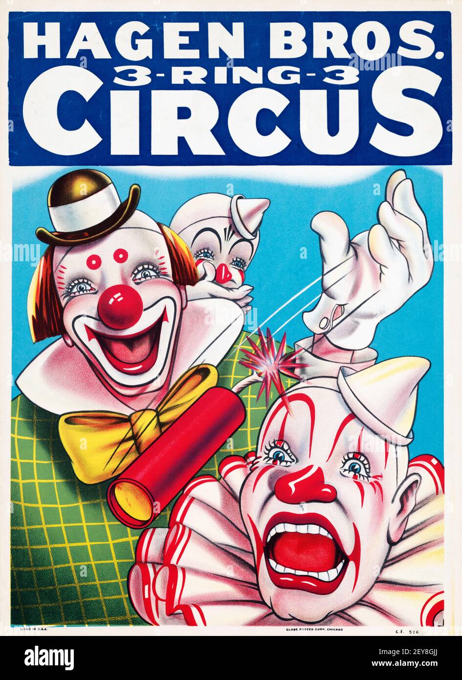 Hagen Bros. 3-Ring Circus. Klassisches Zirkusposter, im alten und Vintage-Stil. Clowns mit Dynamit. Stockfoto