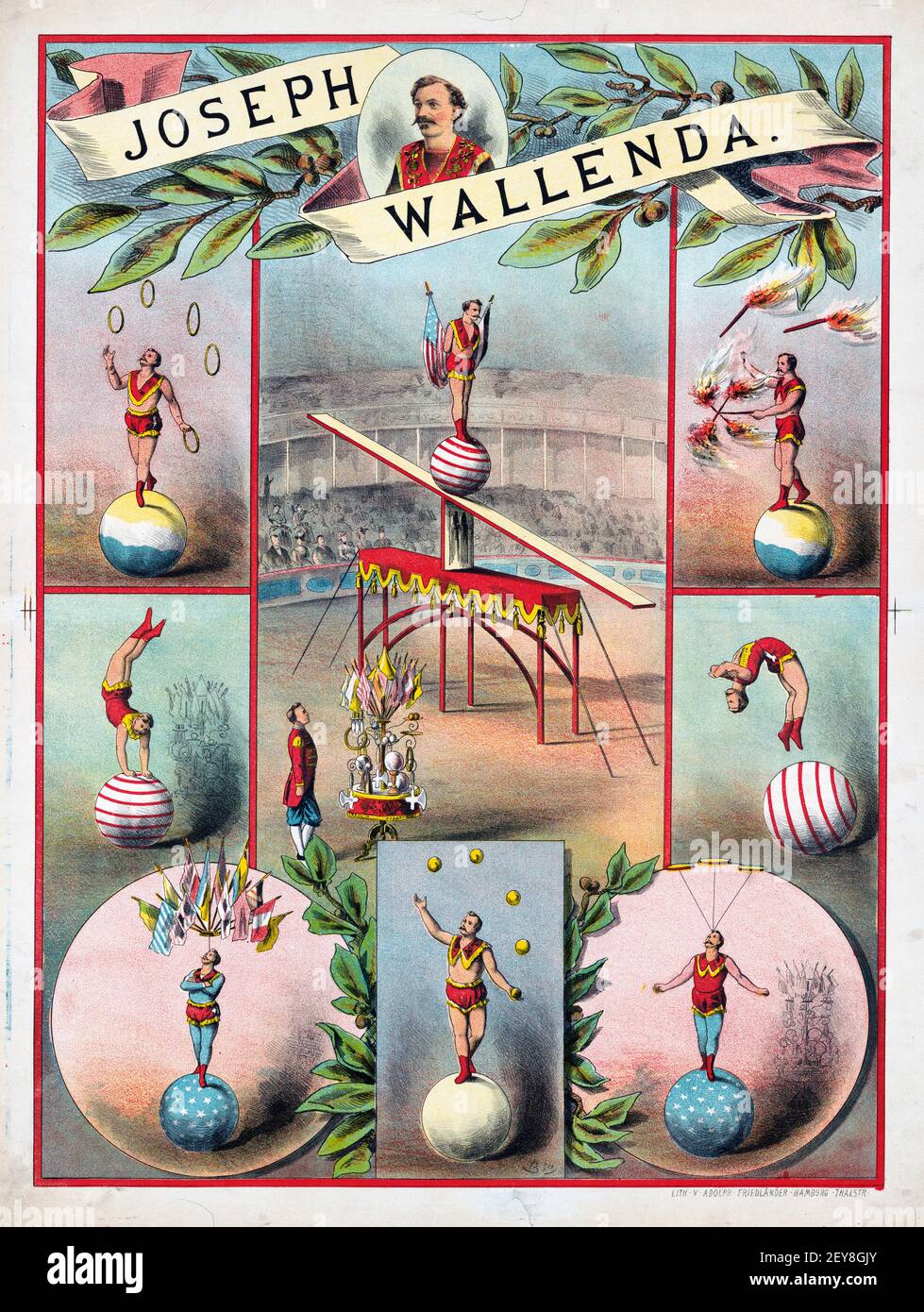 Klassisches Zirkus-Poster, im alten und Vintage-Stil mit Akrobatik-Szenen. - Joseph Wallenda. Zirkusvorstellung. Stockfoto