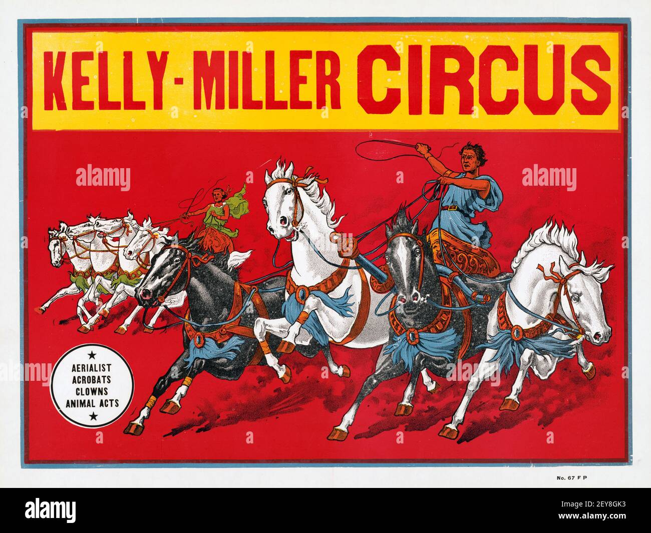 Kelly-Miller Circus. Klassisches Zirkus-Poster mit zwei Männern im Chariots-Rennsport, im alten und Vintage-Stil. Luftakrobatik, Akrobaten, Clowns, Tierauflagen. C 1900. Stockfoto