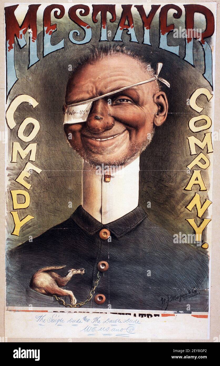 Mestayer Comedy. Klassisches Show Poster, alter und Vintage Stil. 1885. Lächelnder Mann mit Augenfleck. Stockfoto