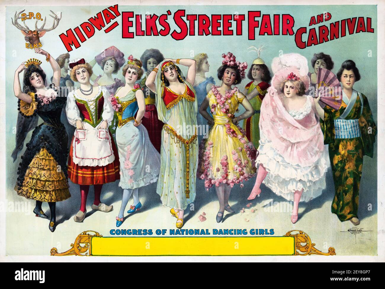 Midway Elks' Street Fair und Karneval. Kongress der nationalen tanzenden Mädchen. Klassisches Plakat, alt und vintage Stil. Stockfoto