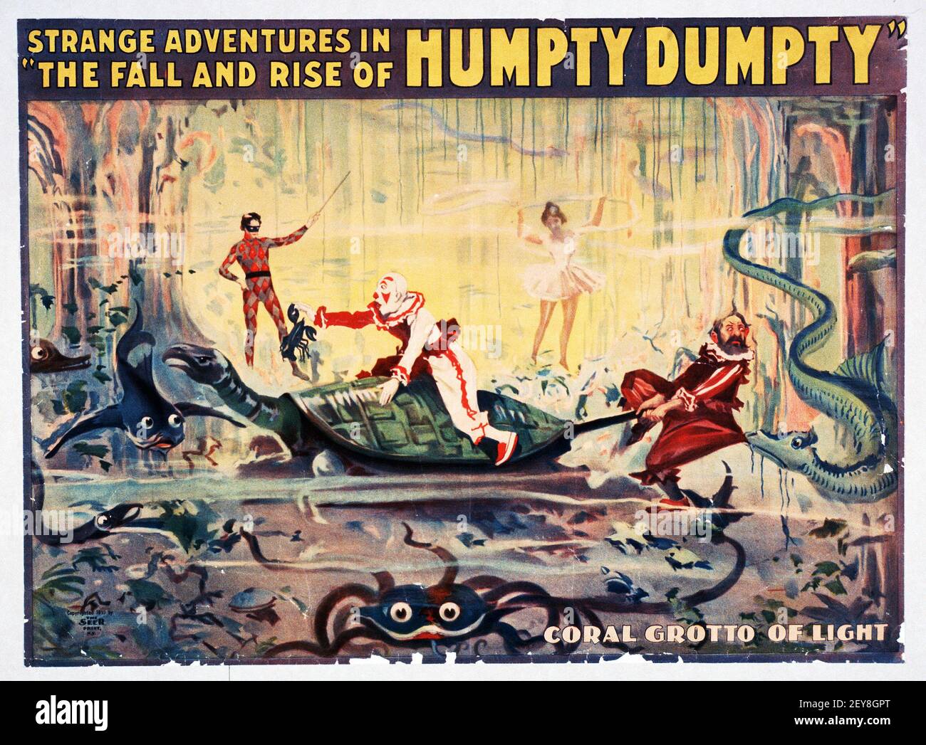 Strange Adventures in „The Fall and Rise of Humpty Dumpty“ – Classic Show Poster, Old- und Vintage-Stil. Korallengrotte des Lichtes. Stockfoto