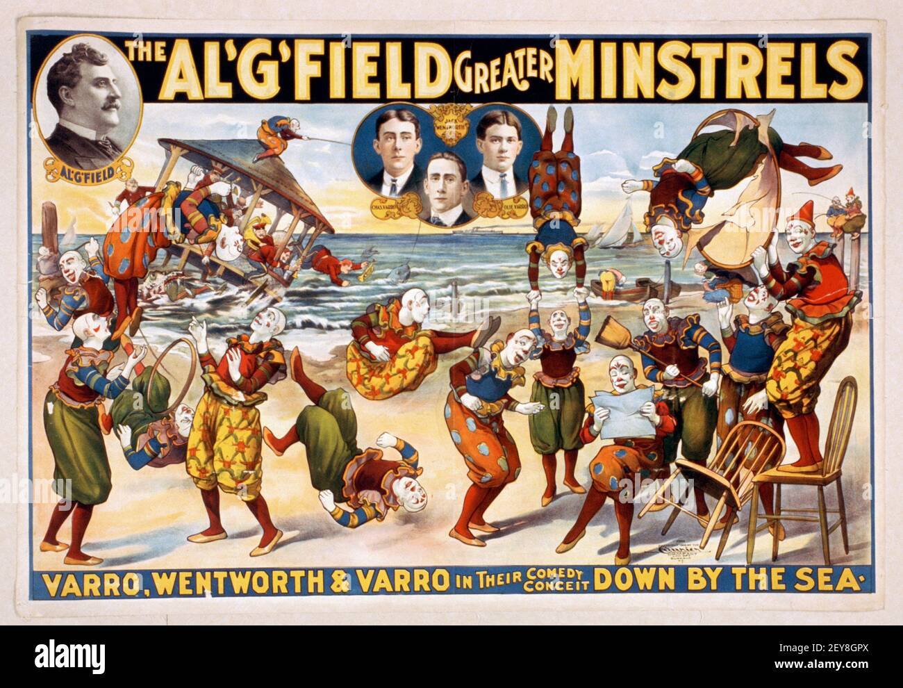 Die Al'g'field Greater Minstrels. Classic Circus Poster feat Clowns. Varro, Wentworth & Carro in ihrem Comedy-Eingebilde Down by the Sea. Stockfoto